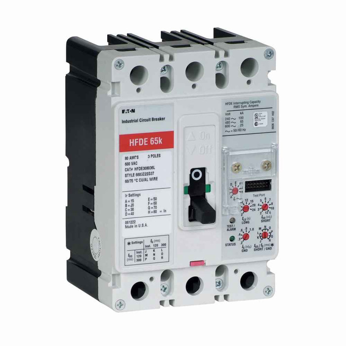 Eaton HFDE310022WA34 Series C electronic molded case circuit breaker, F-frame, HFDE, Digitrip 210 RMS, Electronic LSI trip, 40-100A trip rating, Three-pole, 100A, 100 kAIC at 240 Vac, 65 kAIC at 480 Vac, Without terminals, 1A-1B, 50/60 Hz