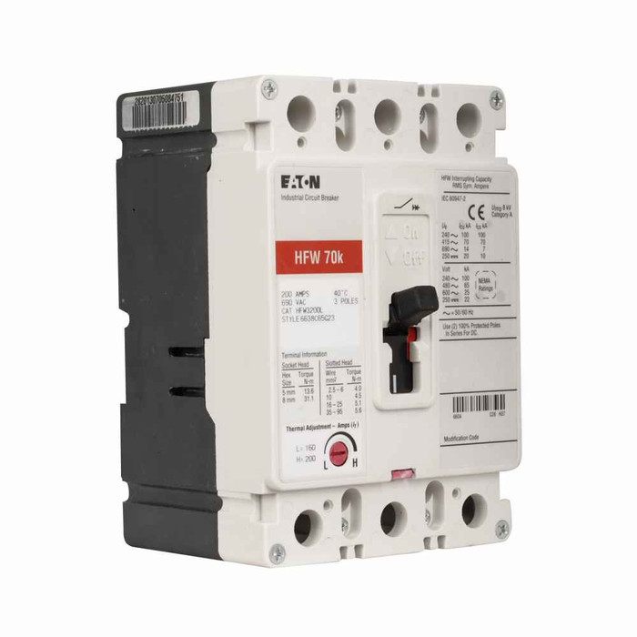 Eaton HFW3050VL Series C complete molded case circuit breaker, F-Frame, HFW, Complete breaker, Adjustable thermal, fixed magnetic trip type, Three-pole, 50A, 690 Vac, 70 kAIC at 415 Vac, Line and load, 50°C