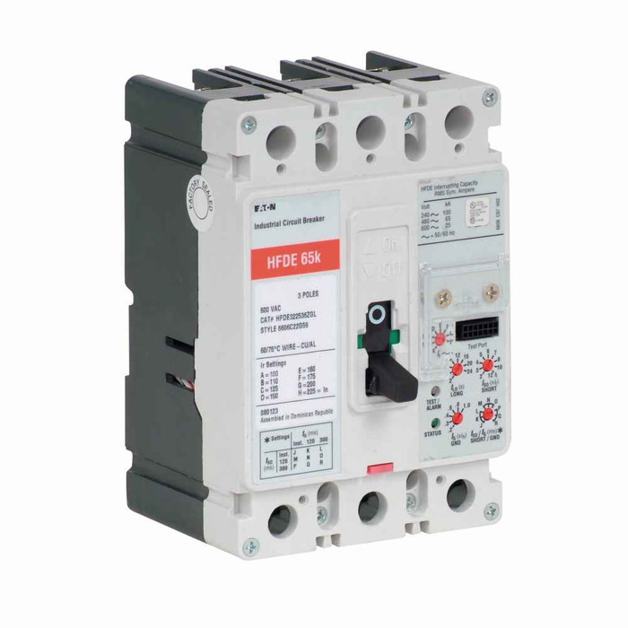 Eaton HFDE322536L Series C electronic molded case circuit breaker, F-frame, HFDE, Complete breaker, Digitrip 310 RMS, Electronic LSIG trip type, Three-pole, 225A, 100 kAIC at 240 Vac, 65 kAIC at 480 Vac, Line and load, 50/60 Hz
