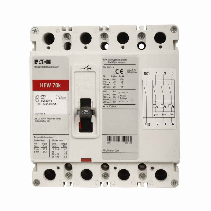 Eaton HFWF4160EL Series C complete molded case circuit breaker, F-frame, HFWF, Complete breaker, Adjustable thermal, fixed magnetic trip type, Four-pole, 160A, 240 Vac, 70 kAIC at 240 Vac, Line and load, 100% protected neutral pole, 100% rated Eaton HFWF4160EL Series C complete molded case circuit breaker, F-frame, HFWF, Complete breaker, Adjustable thermal, fixed magnetic trip type, Four-pole, 160A, 240 Vac, 70 kAIC at 240 Vac, Line and load, 100% protected neutral pole, 100% rated