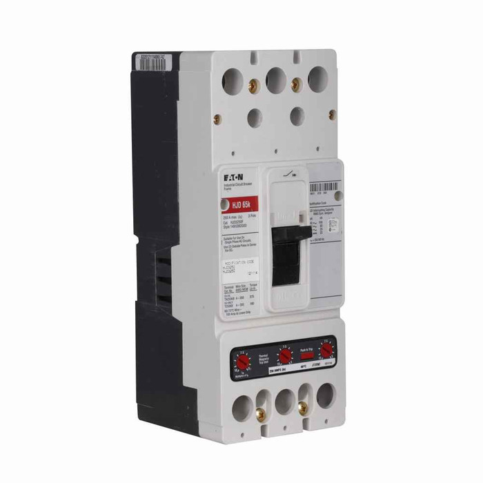 Eaton HJD3070VW Series C complete molded case circuit breaker, J-frame, HJD, Fixed thermal, fixed magnetic trip, Three-pole, 70A, 600 Vac, 250 Vdc, 100 kAIC at 240 Vac, 65 kAIC at 480 Vac, Without terminals, 50°C, 50/60 Hz Eaton HJD3070VW Series C complete molded case circuit breaker, J-frame, HJD, Fixed thermal, fixed magnetic trip, Three-pole, 70A, 600 Vac, 250 Vdc, 100 kAIC at 240 Vac, 65 kAIC at 480 Vac, Without terminals, 50°C, 50/60 Hz