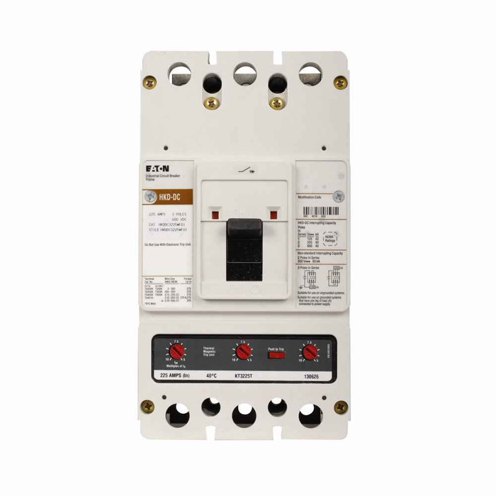 Eaton HKDDC3225W Series C DC/PvGard complete molded case circuit breaker, K-frame, HKD, Complete breaker, Interchangeable thermal-magnetic trip type, Three-pole, 225A, 600 Vac, 250 Vdc, 42 kAIC at 600 Vac, Without terminals, Vdc
