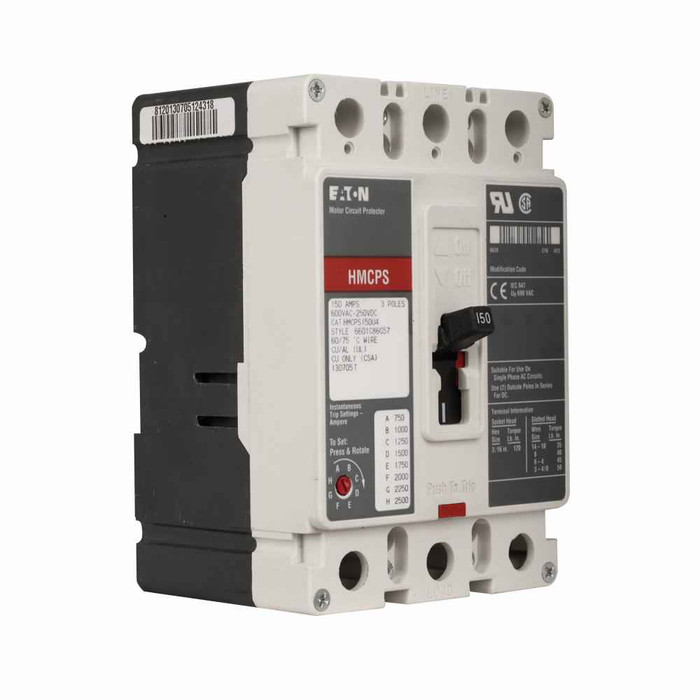 Eaton HMCPS015E0CA01 molded case circuit breaker accessory motor protection, Motor circuit protector, 15 A, Three-pole, Electric starters, 1A-1B Left pigtail same side, Frame F, 45-150 A, 600 V, 250 Vdc, Series C, Non-aluminum