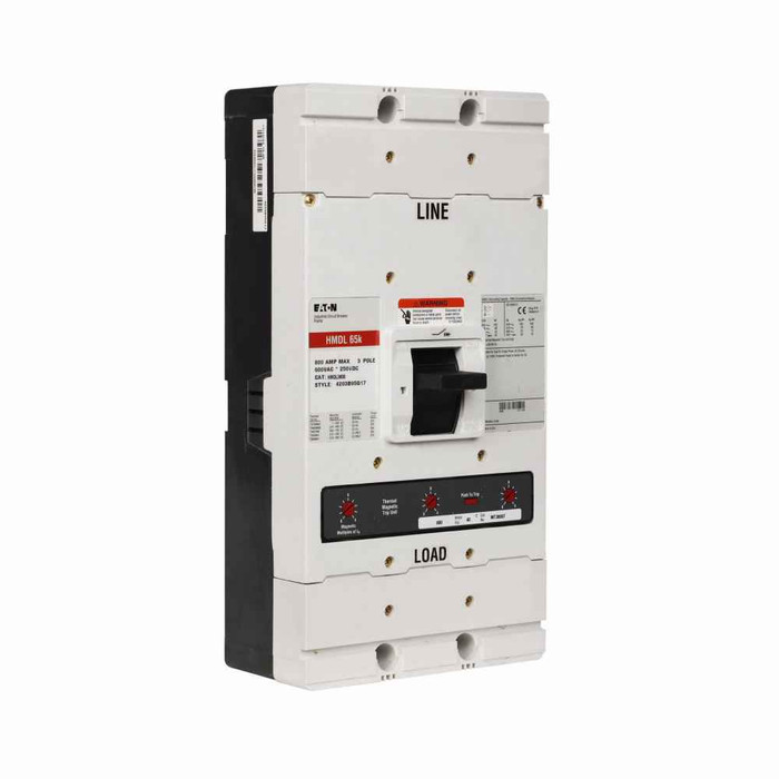Eaton HMDL3800VW Series C complete molded case circuit breaker, MDL-frame, HMDL, Complete breaker, Fixed thermal, fixed magnetic trip type, Three-pole, 800A, 100 kAIC at 240 Vac, 65 kAIC at 480 Vac, Without terminals, 50°C, 50/60 Hz