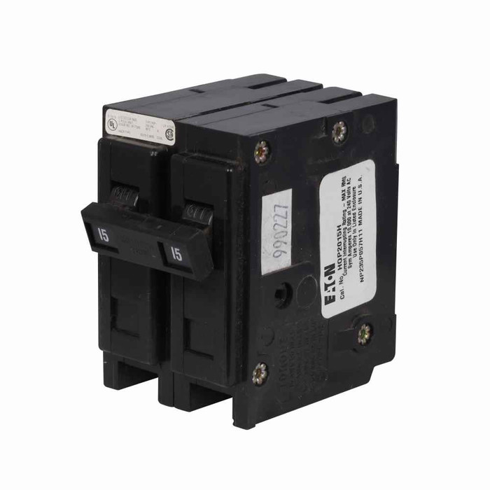 Eaton HQP2015V Quicklag Industrial Thermal-Magnetic Circuit Breaker, Two-pole, 50° C Calibration, 15A, 10 kAIC, 120/240V, Plug-on mounting