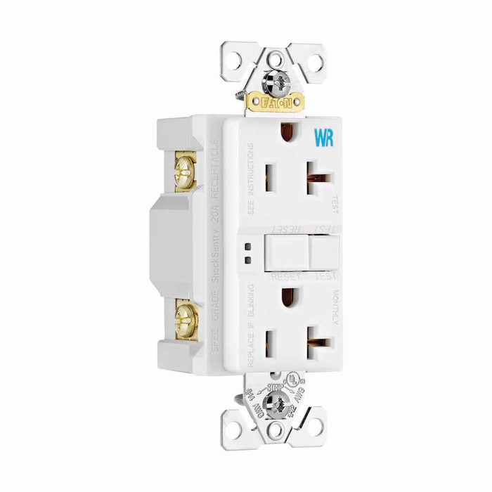 Eaton WRSGF20FW GFCI receptacle,NAFTA compliant,Weather resistant,Self-test,#14 - 10 AWG,20A,Residential,Commercial,Flush,125 V,GFCI,Back and side wire,White,Brass,Receptacle,Weather resistant,Polycarbonate,5-20R,Two-pole, three-wire, grounding