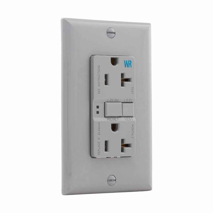 Eaton WRSGF20GY GFCI receptacle,Weather resistant,Self-test,#14 - 10 AWG,20A,Residential,Commercial,Flush,125 V,GFCI,Back and side wire,Gray,Brass,Receptacle,Weather resistant,Polycarbonate,5-20R,Two-pole, three-wire, grounding