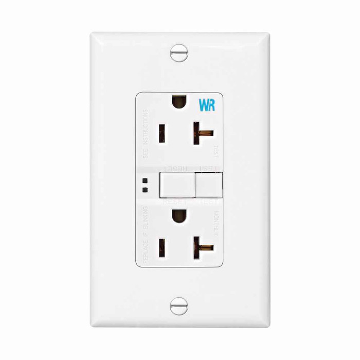 Eaton WRSGF20W GFCI receptacle,Weather resistant,Self-test,#14 - 10 AWG,20A,Residential,Commercial,Flush,125 V,GFCI,Back and side wire,White,Brass,Receptacle,Weather resistant,Polycarbonate,5-20R,Two-pole, three-wire, grounding