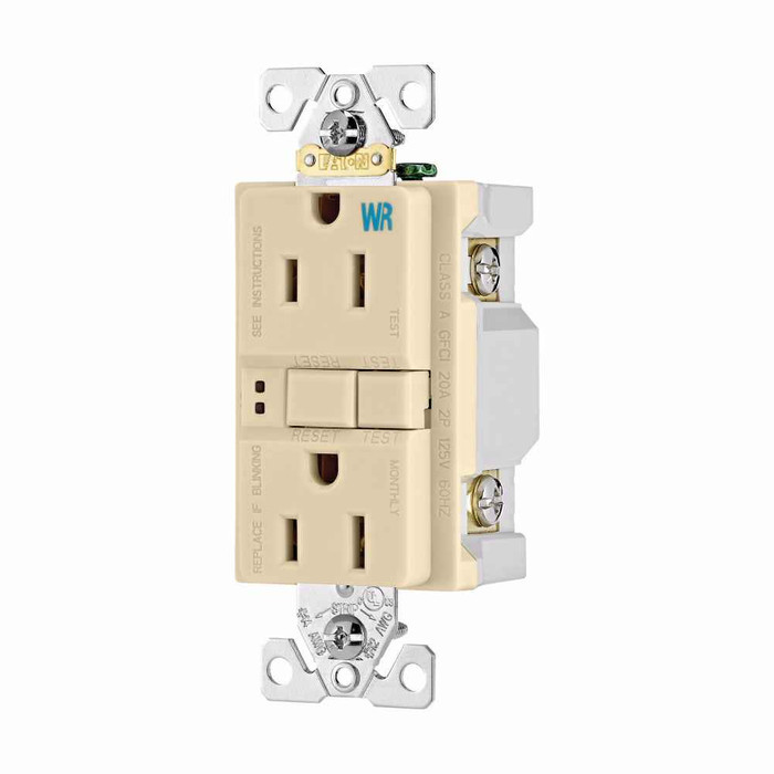 Eaton WRSGF15V GFCI receptacle,Weather resistant,Self-test,#14 - 10 AWG,15A,Residential,Commercial,Flush,125 V,GFCI,Back and side wire,Ivory,Brass,Receptacle,Weather resistant,Polycarbonate,5-15R,Two-pole,Three-wire,Two-pole, three-wire, grounding