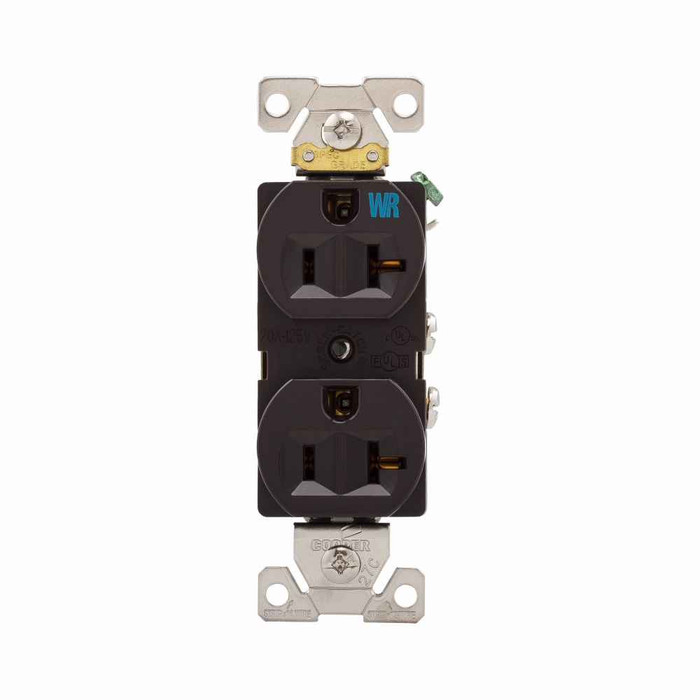 Eaton WRBR20B commercial specification grade duplex receptacle, #14-10 AWG, 20A, Commercial, Flush, 125V, Back and side, Brown, Brass, Weather resistant, Impact-resistant nylon face, Glass-filled nylon base, 5-20R, Duplex, Screw, Nylon, Core pack Eaton WRBR20B commercial specification grade duplex receptacle, #14-10 AWG, 20A, Commercial, Flush, 125V, Back and side, Brown, Brass, Weather resistant, Impact-resistant nylon face, Glass-filled nylon base, 5-20R, Duplex, Screw, Nylon, Core pack