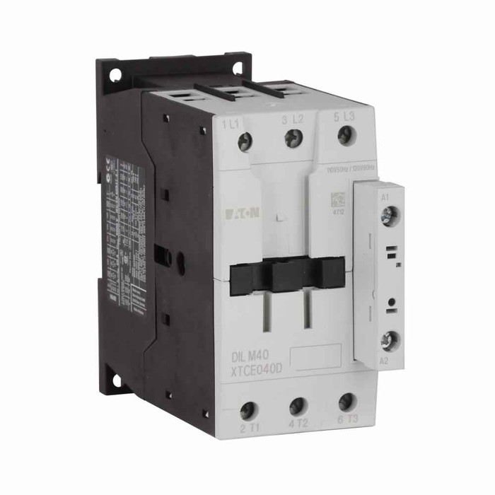 Eaton XTCE040DS1TD XT IEC contactor, 40A, Side-mounted, 24-27 Vdc, 1NO-1NC, 40A, Frame D, 55 mm, 3, 5, 7.5/ 10, 15, 30, 40 hp (1/3PH @115, 200, 230/200, 230, 460, 575 V), Three-pole, Non-reversing, Screw terminals, FVNR