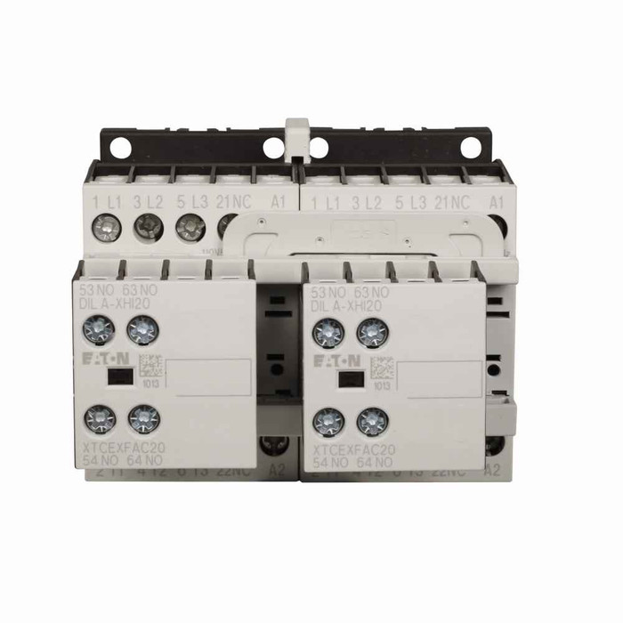 Eaton XTCR018C21C XT IEC contactor, 18A, 412 Vac 50 Hz, 480 Vac 60 Hz, 2NO-2NO, 18A, Frame C, 45 mm, 50-60 Hz, 2, 3/ 5, 5, 10, 15 hp (1/3PH @115, 230/200, 230, 460, 575 V), Three-pole, Reversing, , Screw terminals, Full voltage reversing contactor