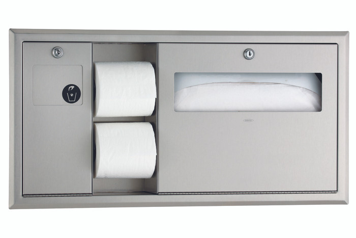 Bobrick B-3091 Recessed-Mounted Toilet Tissue, Seat-Cover Dispenser and Waste Disposal