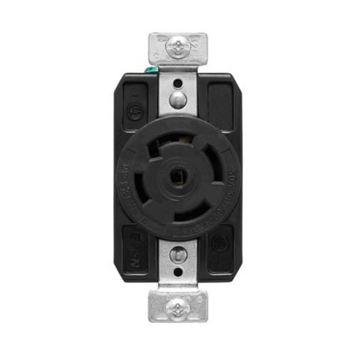 Crouse-Hinds AHL830R Eaton locking receptacle, #14-8 AWG, 30A, Industrial, 480V, Back and side wiring, Black, Brass, Single, L8-30, Two-pole, Three-wire, Nylon