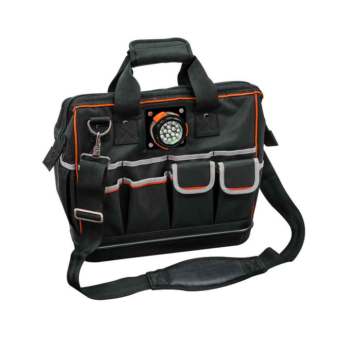 Klein Tools 55431 Tool Bag, Tradesman Pro™ Lighted Tool Bag, 31 Pockets, 15-Inch
