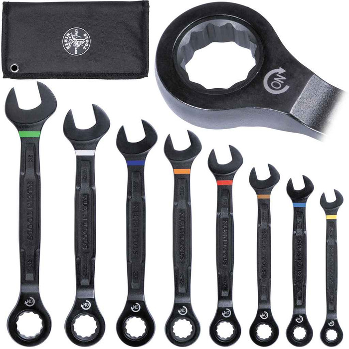 Klein Tools 69408G 90-Tooth Ratcheting Combo Wrench Set, SAE, 8-Piece