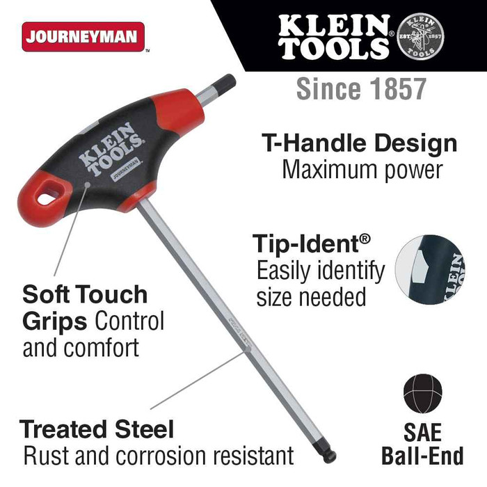 Klein Tools JTH6E09BE 9/64-Inch Ball-End Hex Key, Journeyman™ T-Handle, 6-Inch