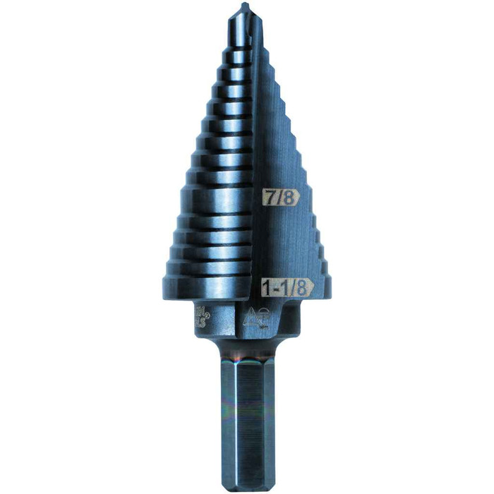 Klein Tools KTSB11 2-Step Drill Bit, 3/8-Inch Hex, Double Straight Flute, 7/8-Inch to 1-1/8-Inch