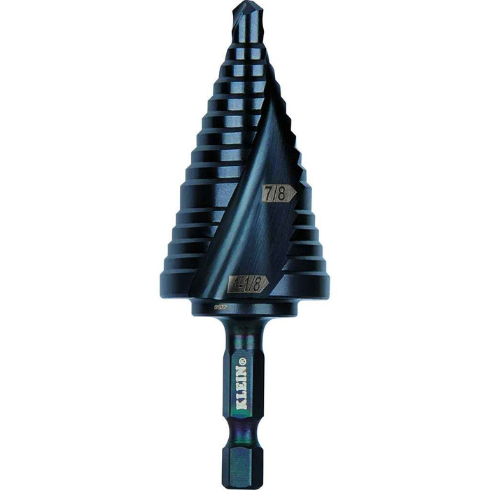 Klein Tools QRST11 Step Drill Bit, Quick Release, Double Spiral Flute, 7/8 to 1-1/8-Inch