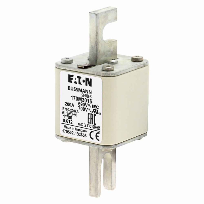Bussmann 170M3015 Eaton series high speed square body fuse, 700V (UL), 690V (IEC), 200A, 200 kAIC, Top fuse status indicator, Fuse, Blade end X blade end, Class aR, DIN 43 620 - 170M3015