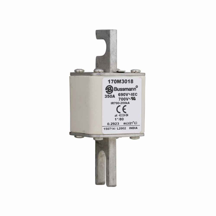 Bussmann 170M3018 Eaton series high speed square body fuse, 700V (UL), 690V (IEC), 350A, 200 kAIC, Top fuse status indicator, Fuse, Blade end X blade end, Class aR, DIN 43 620 - 170M3018