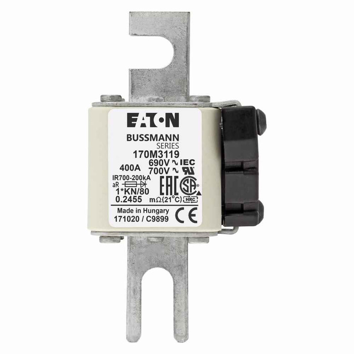 Bussmann 170M3119 Eaton series high speed square body fuse, 1250V (IEC), 1300V (UL), 400A, 200 kAIC, Other, Fuse, Blade end X blade end, Class aR, DIN 43 620 - 170M3119