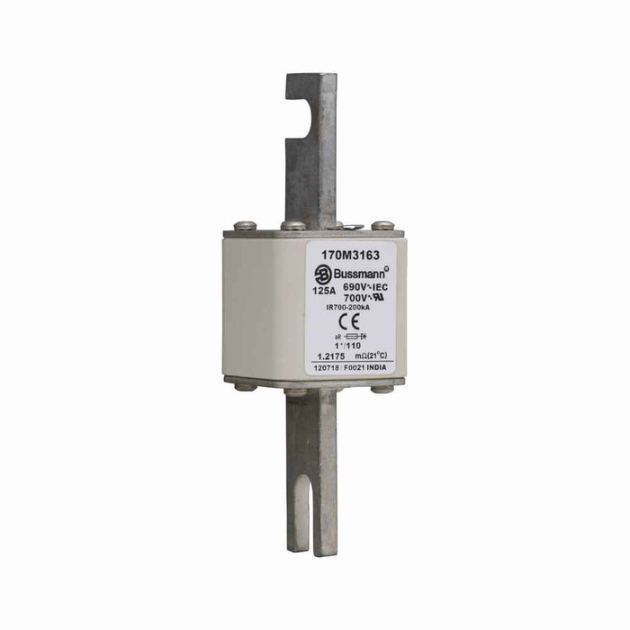 Bussmann 170M3163 Eaton series high speed square body fuse, 700V (UL), 690V (IEC), 125A, 200 kAIC, Top fuse status indicator, Fuse, Blade end X blade end, Class aR, DIN 43 620 - 170M3163