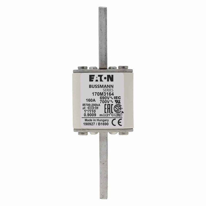 Bussmann 170M3164 Eaton series high speed square body fuse, 700V (UL), 690V (IEC), 160A, 200 kAIC, Top fuse status indicator, Fuse, Blade end X blade end, Class aR, DIN 43 620 - 170M3164