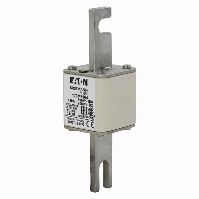 Bussmann 170M3164 Eaton series high speed square body fuse, 700V (UL), 690V (IEC), 160A, 200 kAIC, Top fuse status indicator, Fuse, Blade end X blade end, Class aR, DIN 43 620 - 170M3164