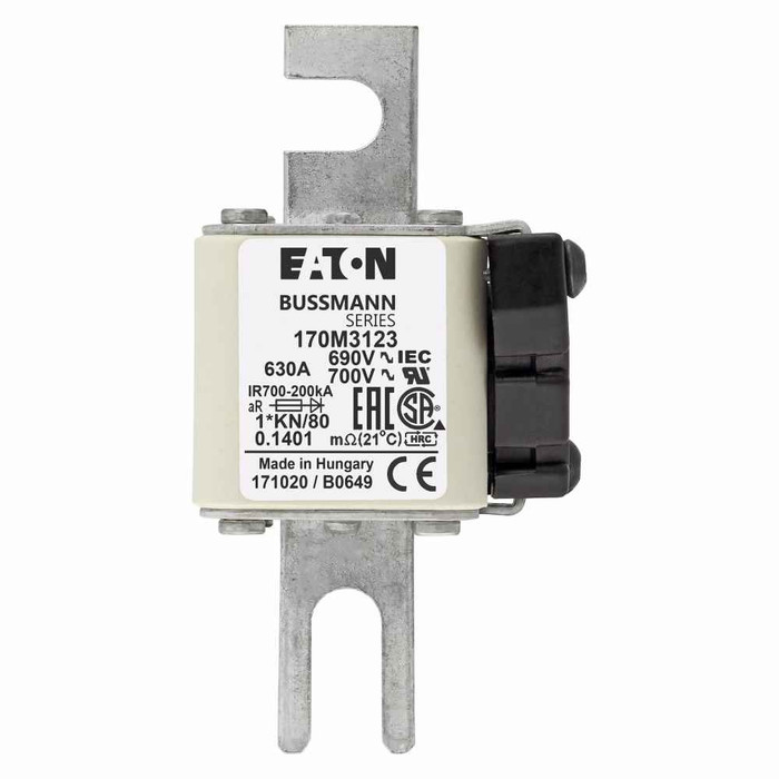 Bussmann 170M3123 Eaton series high speed square body fuse, 1250V (IEC), 1300V (UL), 630A, 200 kAIC, Other, Fuse, Blade end X blade end, Class aR, DIN 43 620 - 170M3123