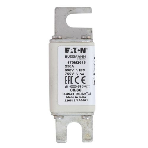Bussmann 170M2618 Eaton series high speed square body fuse,250A,200 kAIC,Class aR,Blade end X blade end,DIN 43 620,Standard,Clearing at 660V: 42000,square body with offset bolted tags (slotted),Top fuse status indicator,6250,645W