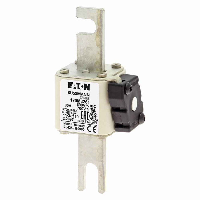 Bussmann 170M3261 Eaton series high speed square body fuse, 700V (UL), 690V (IEC), 80A, 200 kAIC, Other, Fuse, Blade end X blade end, Class aR, DIN 43 620 - 170M3261