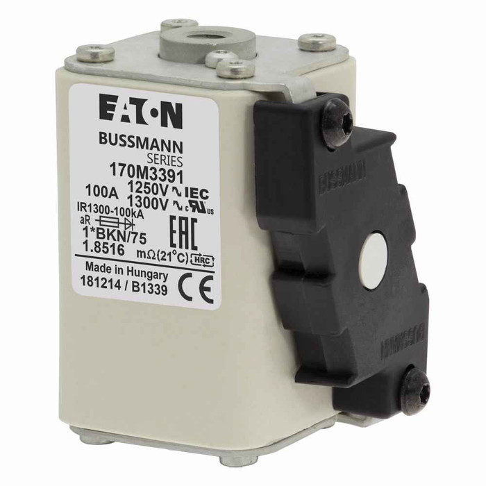 Bussmann 170M3391 Eaton series high speed square body fuse, 700V (UL), 690V (IEC), 100A, 100 kAIC, Other, Fuse, Class aR, Flush - 170M3391
