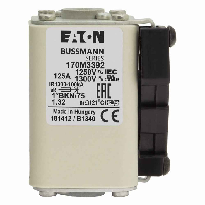 Bussmann 170M3392 Eaton series high speed square body fuse, 700V (UL), 690V (IEC), 125A, 100 kAIC, Other, Fuse, Class aR, Flush - 170M3392
