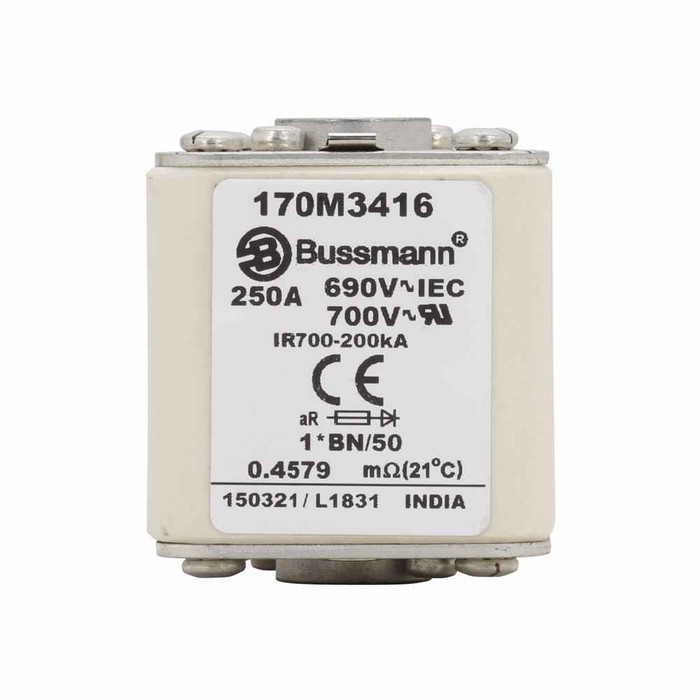Bussmann 170M3416 Eaton series high speed square body fuse, 700V (UL), 690V (IEC), 250A, 200 kAIC, Top fuse status indicator, Fuse, Class aR, Flush - 170M3416