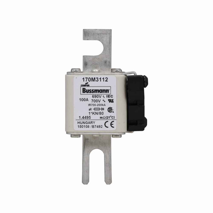 Bussmann 170M3112 Eaton series high speed square body fuse, 700V (UL), 690V (IEC), 100A, 200 kAIC, Other, Fuse, Blade end X blade end, Class aR, DIN 43 620 - 170M3112