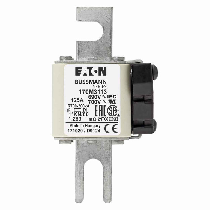Bussmann 170M3113 Eaton series high speed square body fuse, 700V (UL), 690V (IEC), 125A, 200 kAIC, Other, Fuse, Blade end X blade end, Class aR, DIN 43 620 - 170M3113
