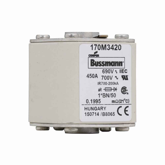 Bussmann 170M3420 Eaton series high speed square body fuse, 700V (UL), 690V (IEC), 450A, 200 kAIC, Top fuse status indicator, Fuse, Class aR, Flush - 170M3420