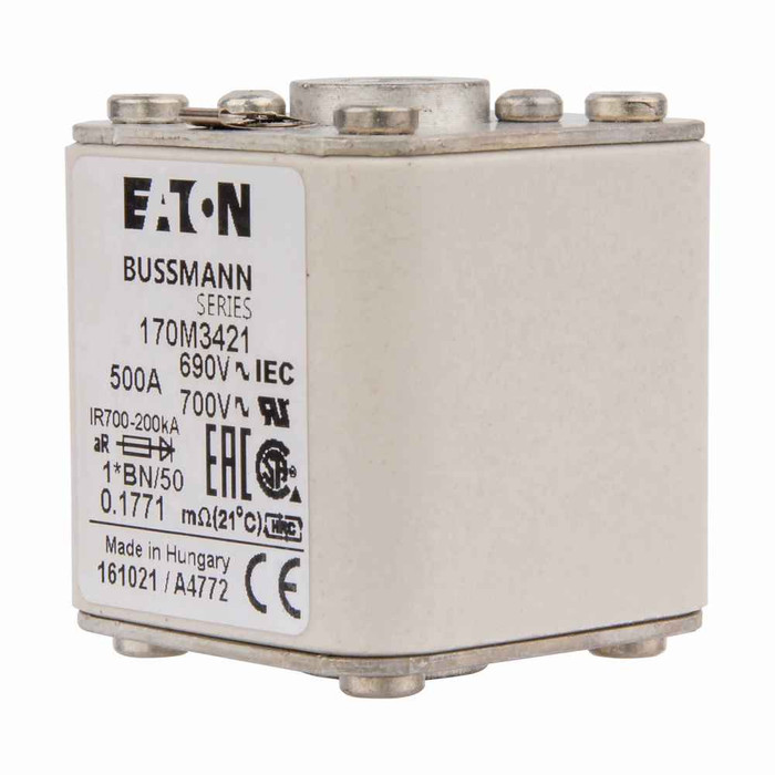 Bussmann 170M3421 Eaton series high speed square body fuse, 700V (UL), 690V (IEC), 500A, 200 kAIC, Top fuse status indicator, Fuse, Class aR, Flush - 170M3421