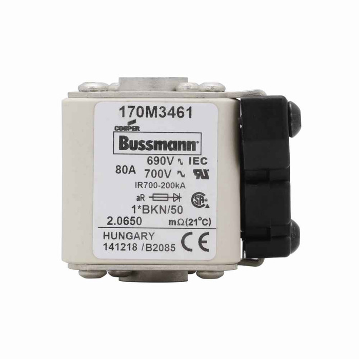 Bussmann 170M3461 Eaton series high speed square body fuse,80A,200 kAIC,Class aR,,Flush,Standard,Clearing at 660V: 1250,square body with flush end contacts,Other,185,18W