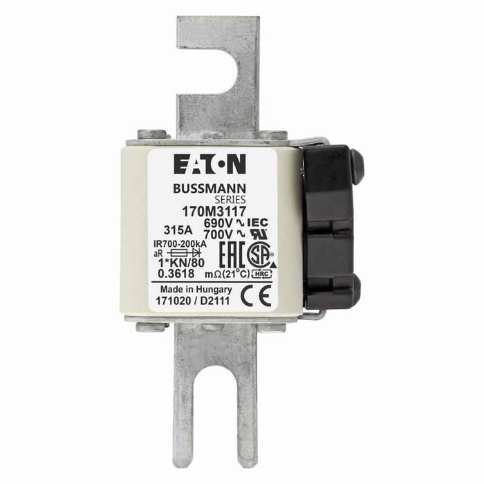 Bussmann 170M3117 Eaton series high speed square body fuse, 1250V (IEC), 1300V (UL), 315A, 200 kAIC, Other, Fuse, Blade end X blade end, Class aR, DIN 43 620 - 170M3117