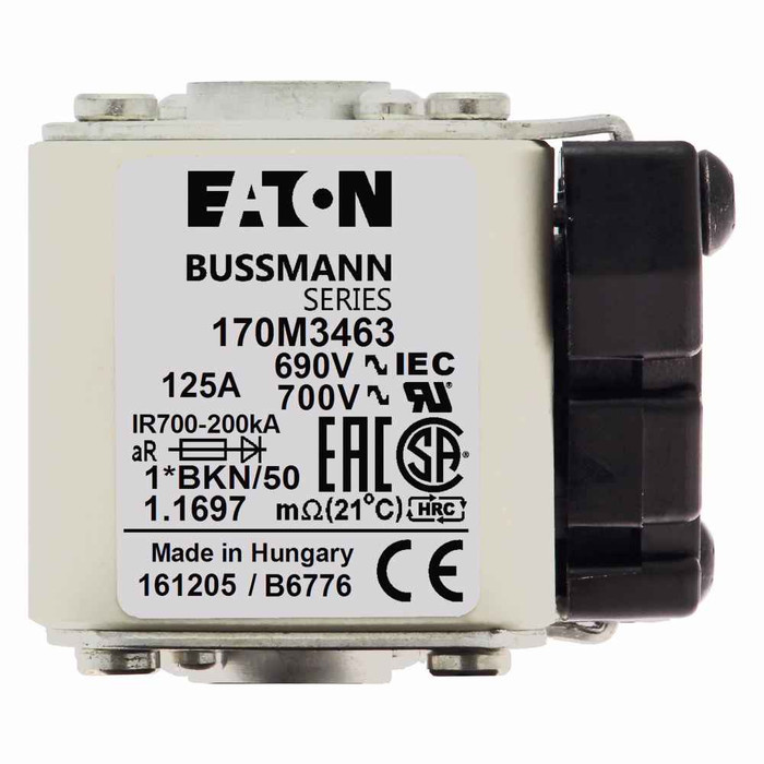 Bussmann 170M3463 Eaton series high speed square body fuse,125A,200 kAIC,Class aR,,Flush,Standard,Clearing at 660V: 3700,square body with flush end contacts,Other,550,26W
