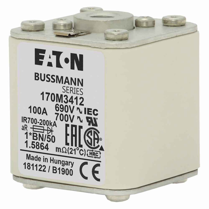 Bussmann 170M3412 Eaton series high speed square body fuse, 700V (UL), 690V (IEC), 100A, 200 kAIC, Top fuse status indicator, Fuse, Class aR, Flush