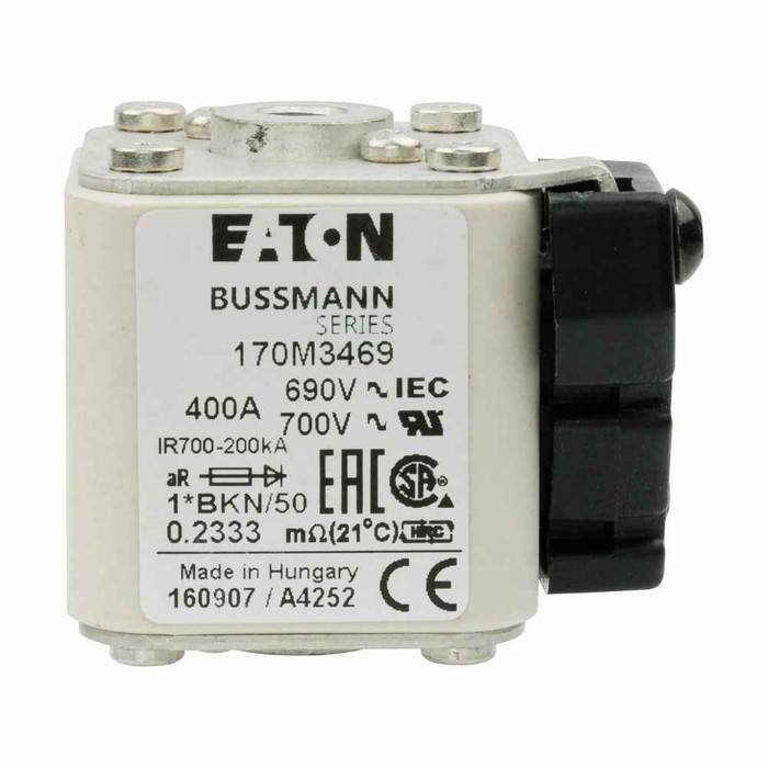 Bussmann 170M3469 Eaton series high speed square body fuse, 700V (UL), 690V (IEC), 400A, 200 kAIC, Other, Fuse, Class aR, Flush - 170M3469