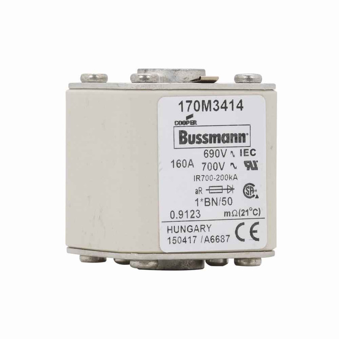 Bussmann 170M3414 Eaton series high speed square body fuse, 700V (UL), 690V (IEC), 160A, 200 kAIC, Top fuse status indicator, Fuse, Class aR, Flush