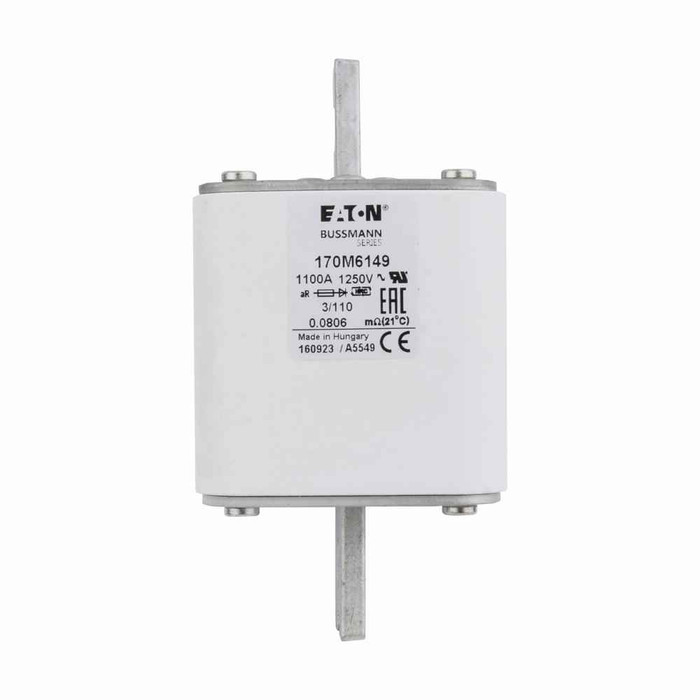 Bussmann 170M6149 Eaton series high speed square body fuse,1100A,100 kAIC,Class aR,,DIN 43 620,Standard,Clearing at 1000V: 2800000 , Clearing at 1250V: 3600000,square body with centre-bolted tags (slotted),Top fuse status indicator,575000,140W
