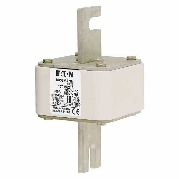 Bussmann 170M6213 Eaton series high speed square body fuse, 700V (UL), 690V (IEC), 900A, 200 kAIC, Top fuse status indicator, Fuse, Blade end X blade end, Class aR, DIN 43 620 - 170M6213