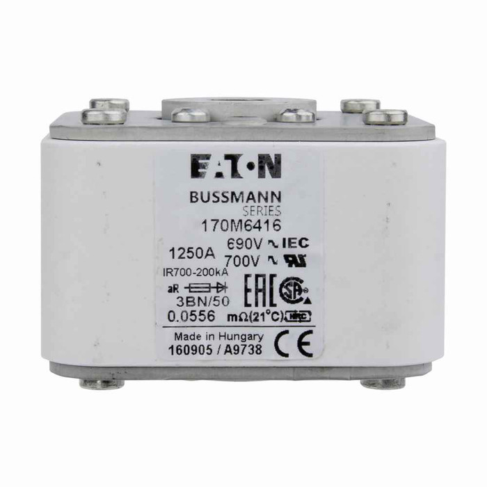 Bussmann 170M6416 Eaton series high speed square body fuse, 1250A, Class aR,,Flush,Standard,Clearing at 660V: 1950000,square body with flush end contacts,Top fuse status indicator,290000,140W, 200 kAIC