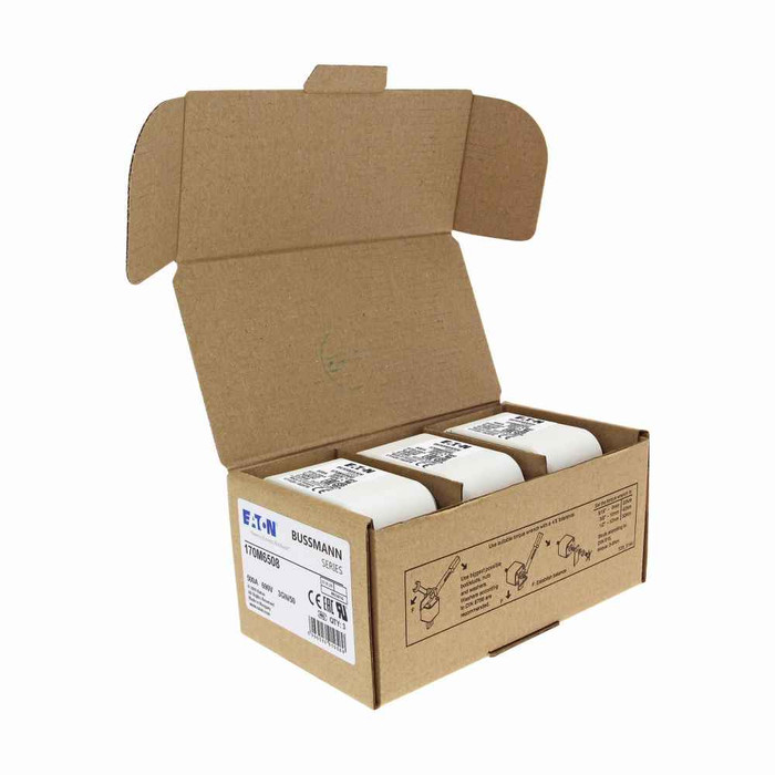 Bussmann 170M6508 Eaton series high speed square body fuse, 700V (UL), 690V (IEC), 500A, 200 kAIC, Top fuse status indicator, Fuse, Class aR, Flush - 170M6508