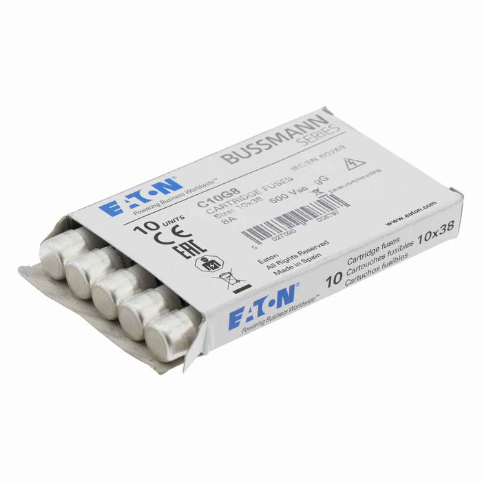Bussmann C10G8 Eaton series low voltage 10 x 38 mm cylindrical/ferrule fuse, rated at 500 Volts AC, 8 Amps,120 kA Breaking capacity, class gG/Gl, without indicator, compatible with a CHM Modular fuse holder